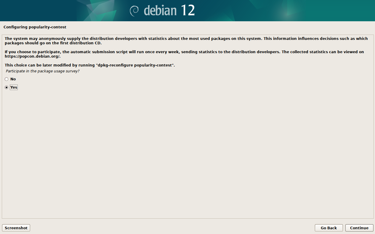 Debian Popularity Contest selection menu